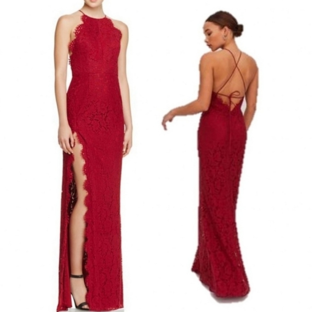 Fame and Partners NWT Red Lace Halter Maxi Dress